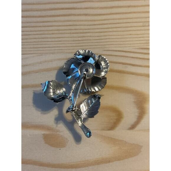 Silver Tone Rose Flower Brooch Pin - Picture 3 of 5